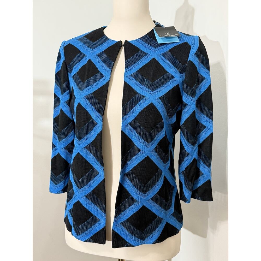 NEW Ming Wang Women's Blue Black Diamond Print Cardigan Sweater Jacket Size XS